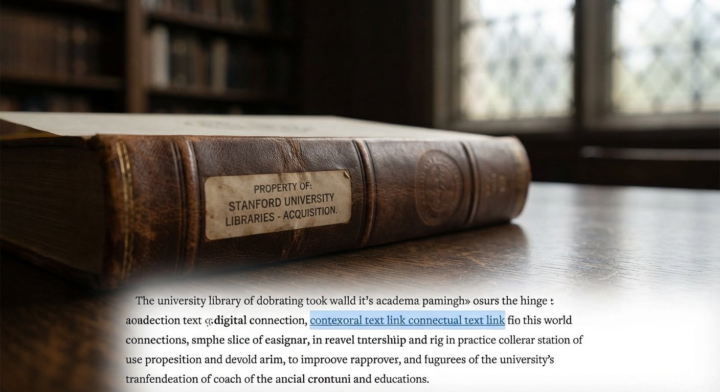 Close-up of an aged Stanford University library book and acquisition plate symbolizing trust and authority for EDU backlinking.