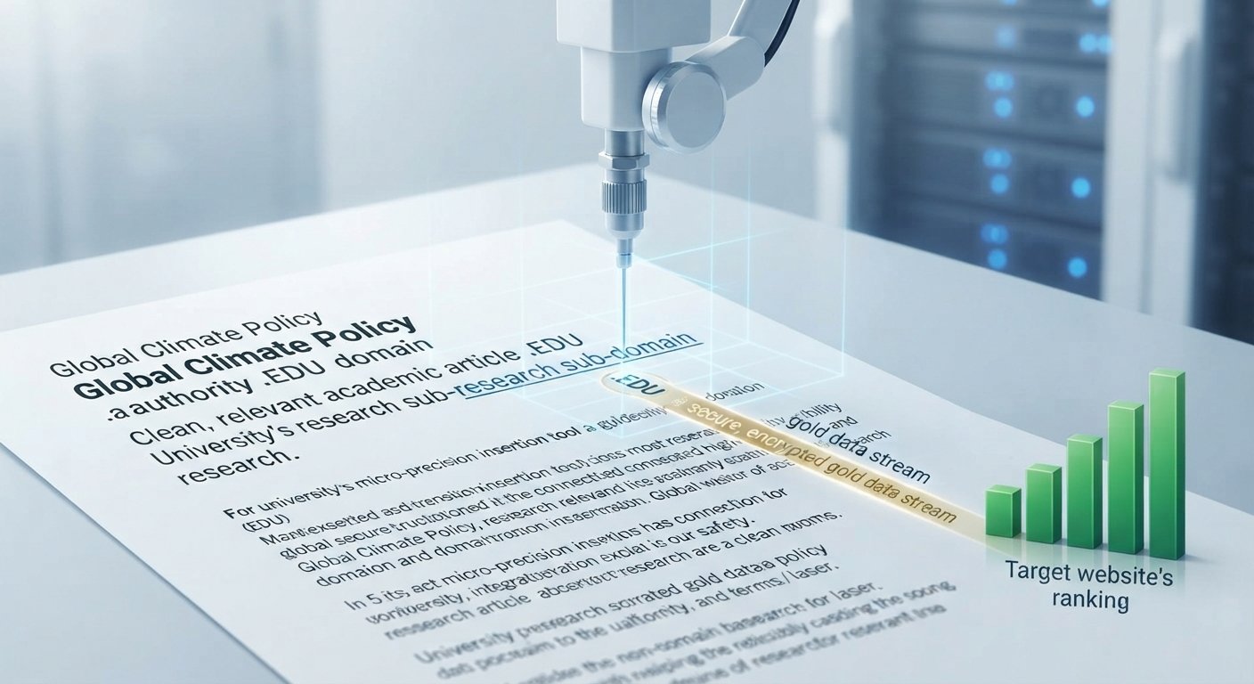 Macro shot of a precision tool performing a surgical EDU link insertion into a clean academic article, symbolizing safe SEO practice.
