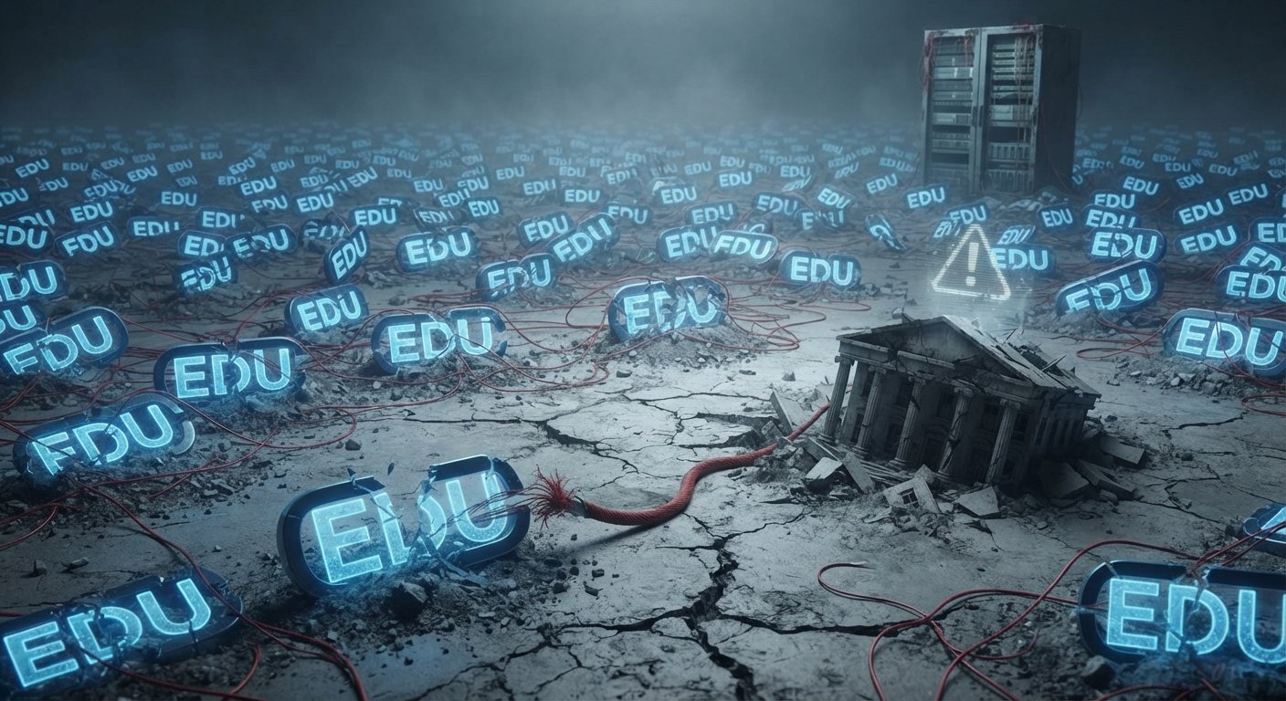 Macro shot of a digital graveyard with broken EDU link icons and red wires causing a website to collapse, symbolizing an SEO penalty.