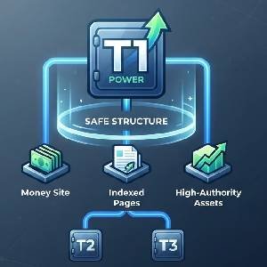 Visual guide illustrating a safe Tier 1 backlink structure with protective buffer layers and Rankers Paradise branding.