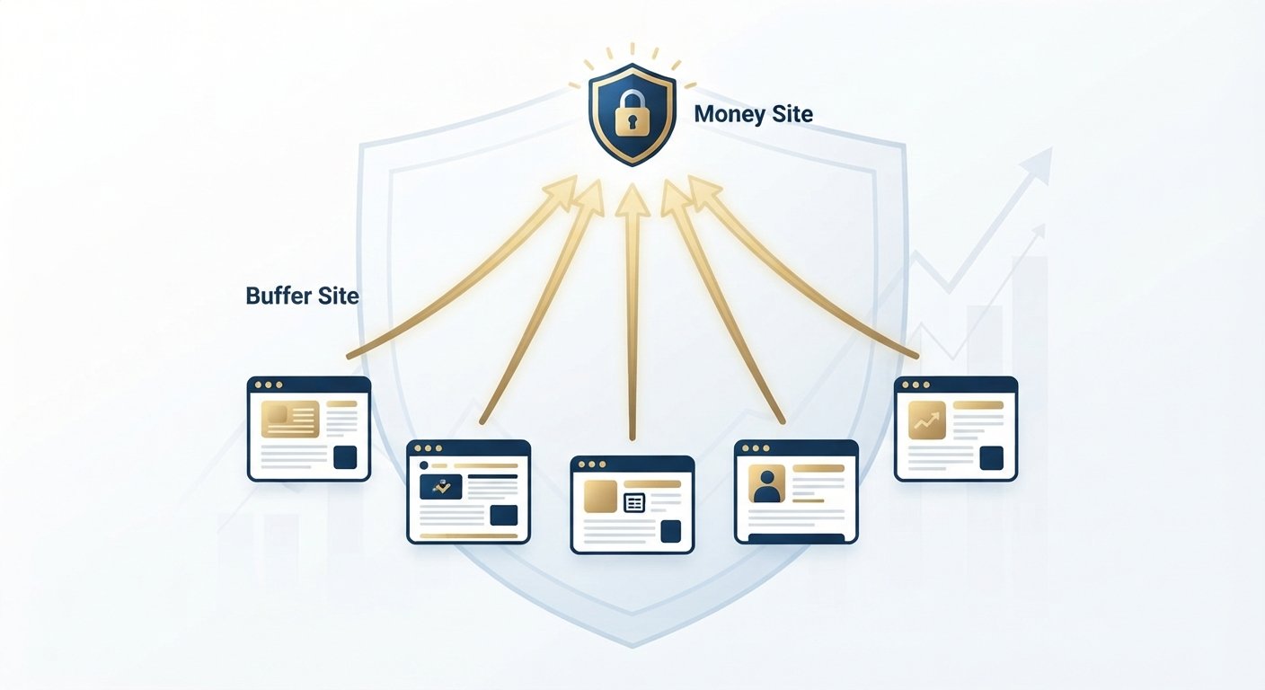 Infographic focusing on Tier 1 buffer sites linking safely to the money site, consistent with image_2.png.