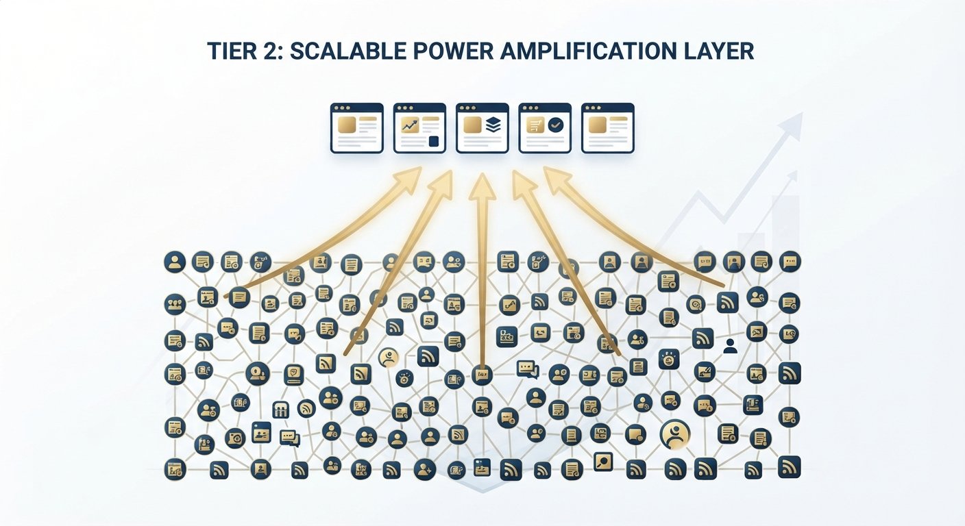 Detailed infographic showing a dense, scalable Tier 2 network of links feeding only into the Tier 1 layer.