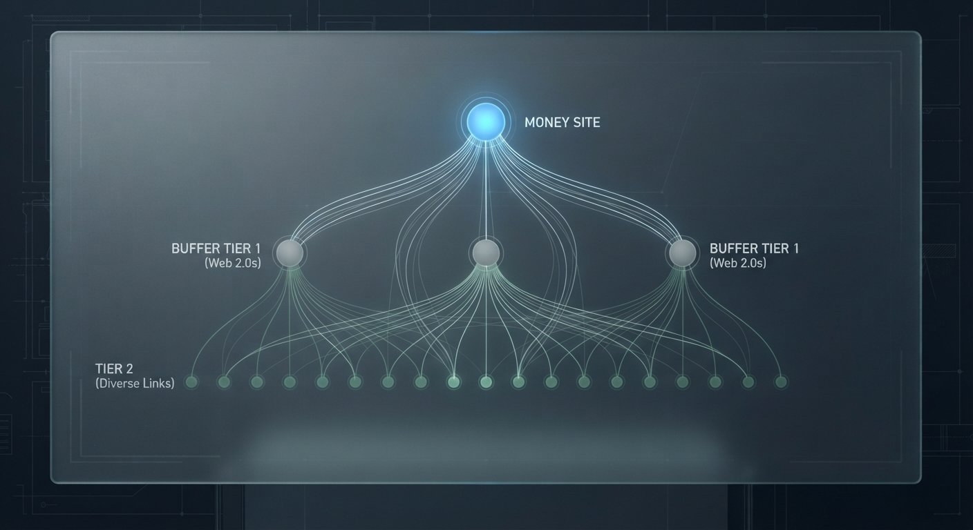 An architectural schematic showing a money site supported by a buffer tier of Web 2.0 properties and a lower tier of diverse links.