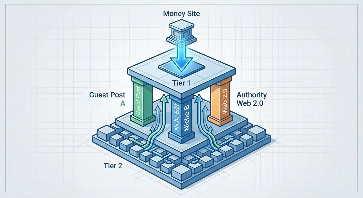 A schematic illustration showing a tiered link building campaign with TIER 1 assets protecting a 'Money Site' and TIER 2 links powering the TIER 1.