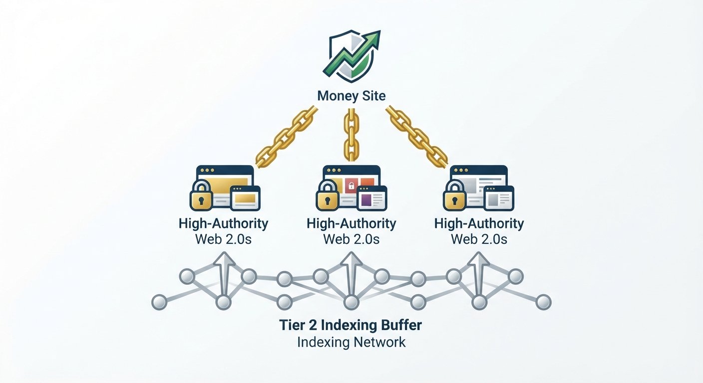 A vector infographic showing a secure, tiered link-building structure where Tier 1 Web 2.0 properties pass authority upward to a money site, supported by a Tier 2 indexing buffer.
