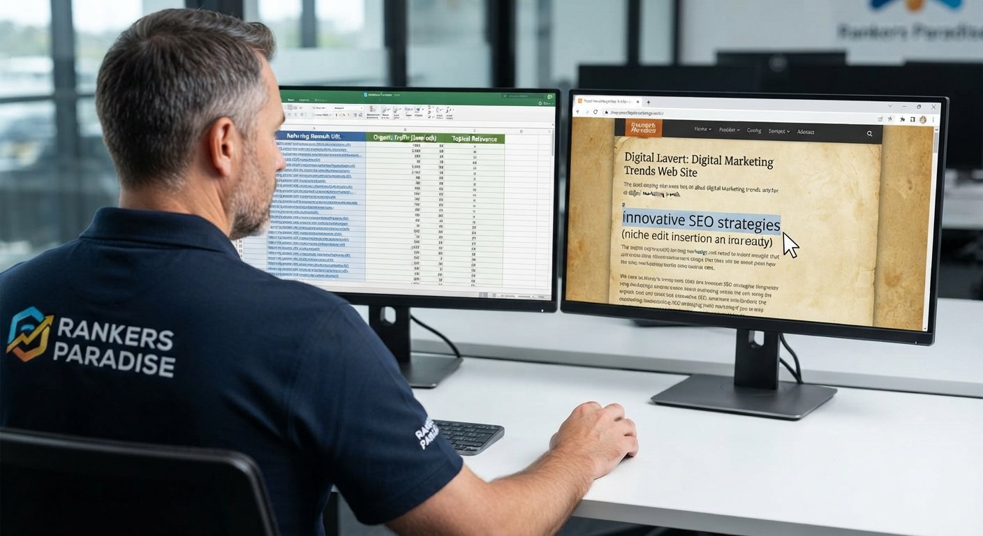 An over-the-shoulder view of an SEO specialist analyzing traffic metrics and identifying the perfect contextual placement for a niche edit.
