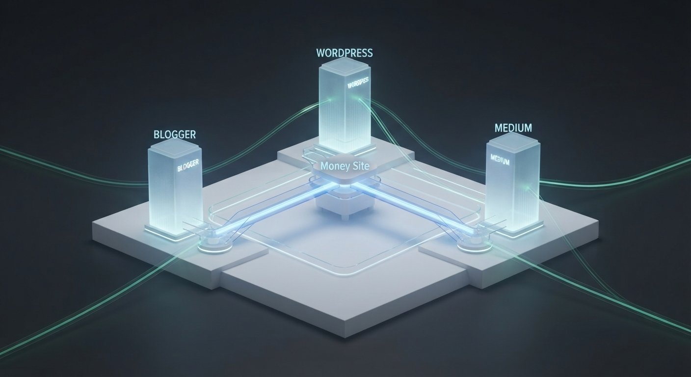 A conceptual photograph of a miniature network where glowing towers labeled 'Blogger', 'WordPress', and 'Medium' receive a central blue light beam and distribute secondary green beams outward.