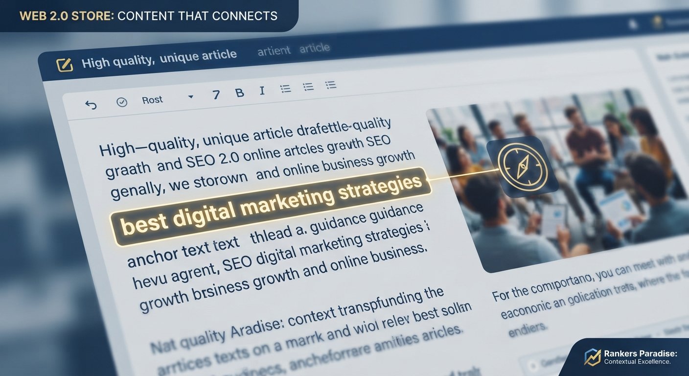 Macro shot of a content editor showing Rankers Paradise quality standards, where a targeted anchor link connects to a relevance icon, illustrating contextual excellence.