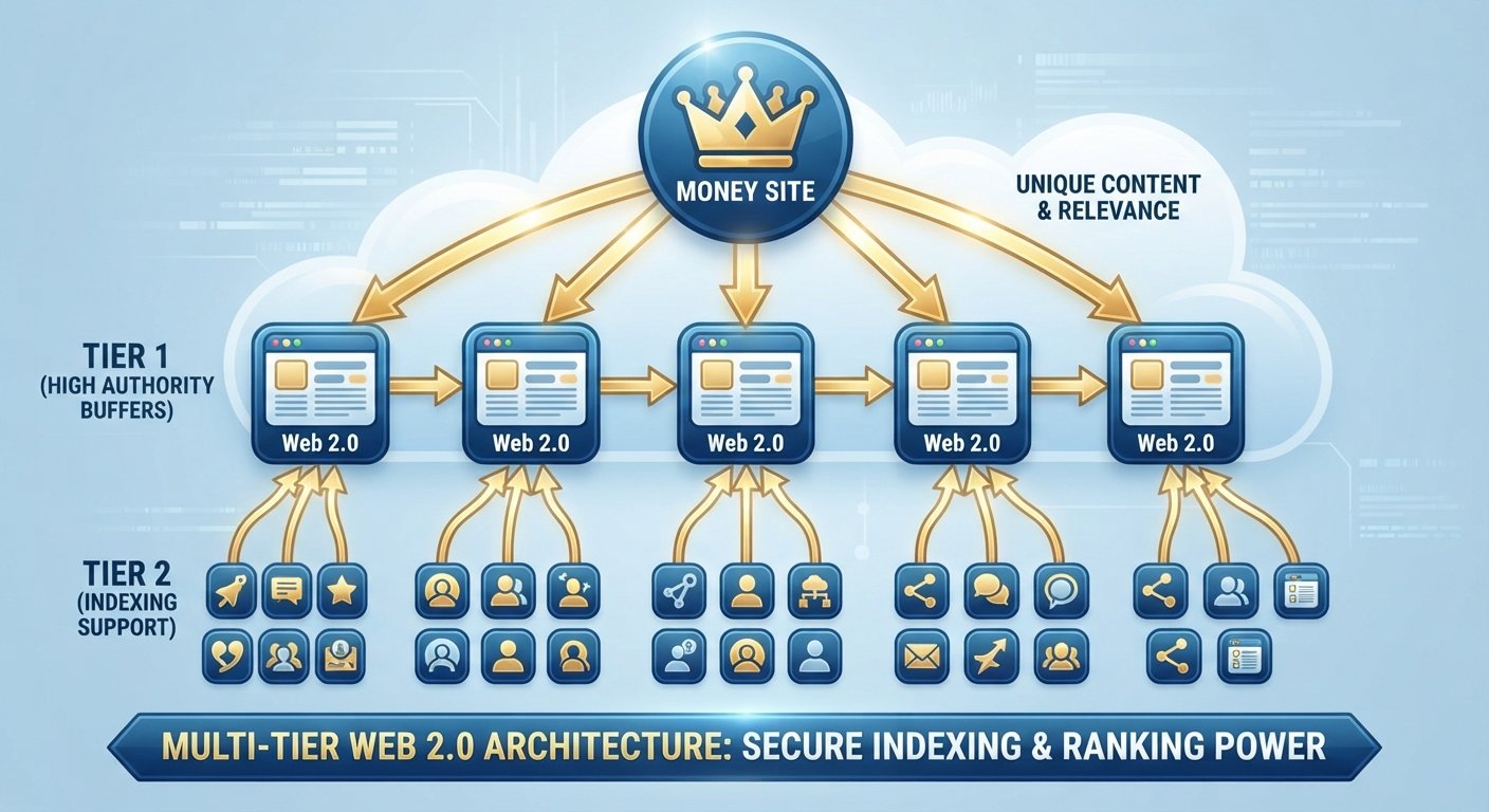 Technical SEO diagram showing Rankers Paradise multi-tier Web 2.0 architecture, illustrating how Tier 1 authority buffers pass equity to the money site supported by Tier 2 links.
