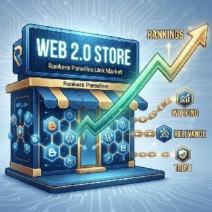 Professional SEO infographic for Rankers Paradise Web 2.0 store, showing a digital marketplace driving website rankings.