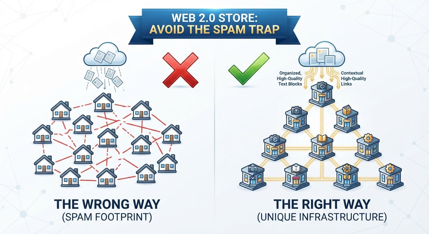 Infographic comparing low-quality automated Web 2.0 networks versus premium, manually built unique infrastructure by Rankers Paradise.