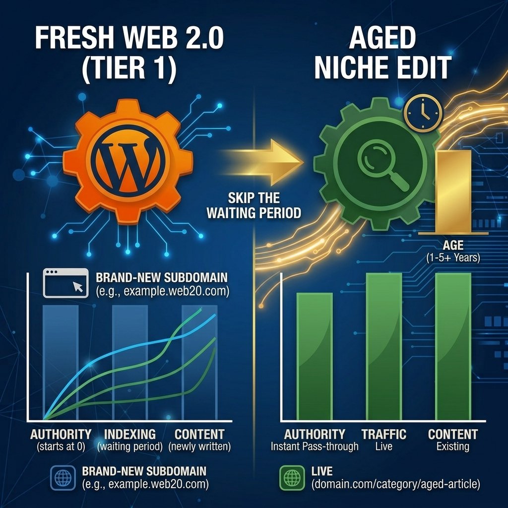 Visual diagram comparing the mechanics and authority flow of a fresh Web 2.0 subdomain versus an aged, curated Niche Edit link on an established domain.