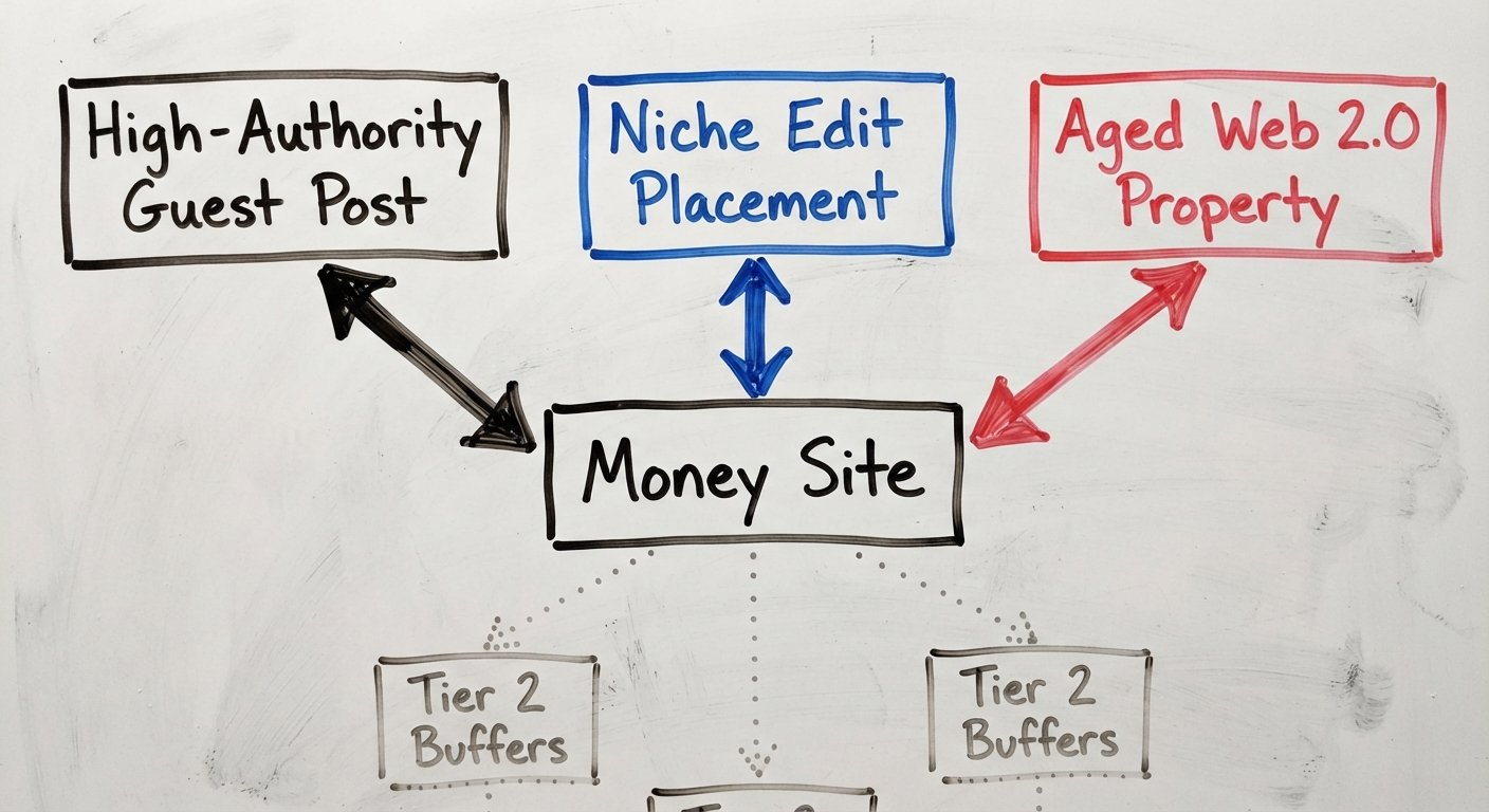 A hand-drawn whiteboard flowchart illustrating Tier 1 backlinks flowing from guest posts, niche edits, and aged Web 2.0s into a central Money Site.