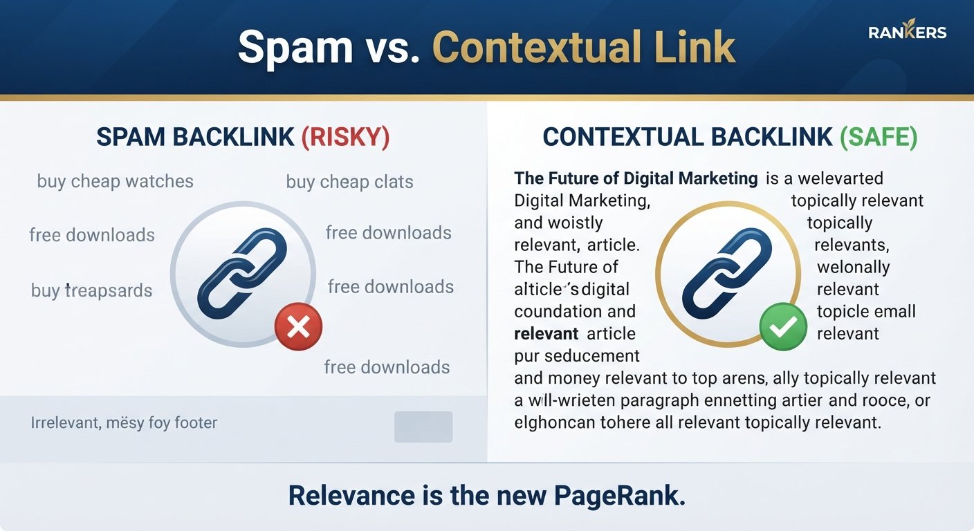 Infographic Comparing Risky Spam Backlinks vs. Safe Contextual Backlinks