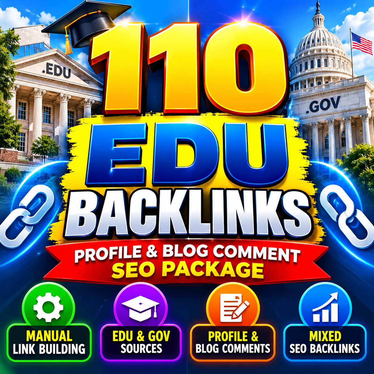 110 EDU and GOV Backlinks Package with Manual SEO Profile Links and Blog Comments