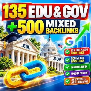 135 EDU GOV backlinks and 500 mixed backlinks SEO service featuring educational and government websites.