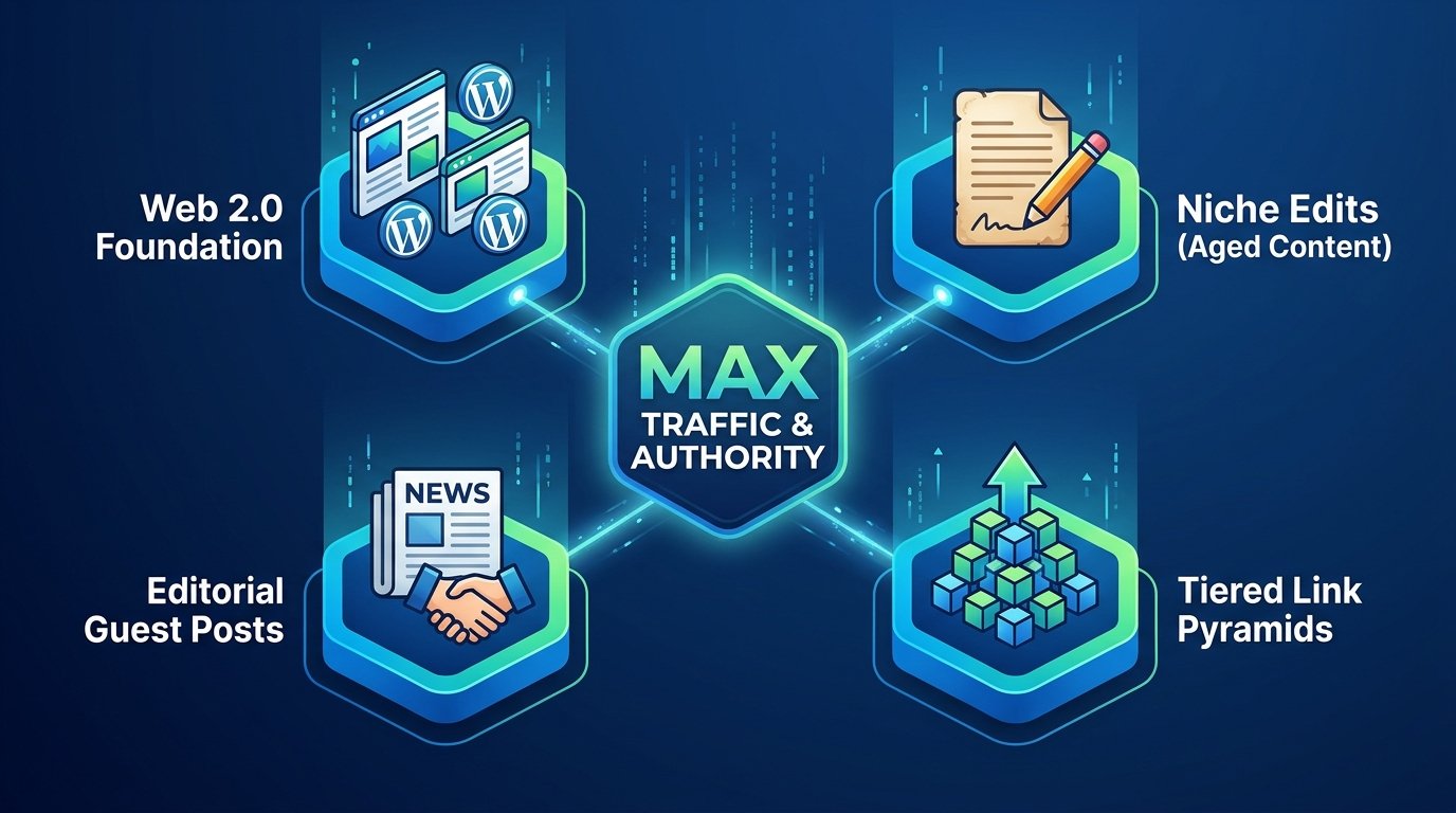 An infographic mapping the Rankers Paradise 4-step off-page blueprint for website traffic, showcasing the connection between Web 2.0s, Niche Edits, Guest Posts, and Tiered Link Pyramids.