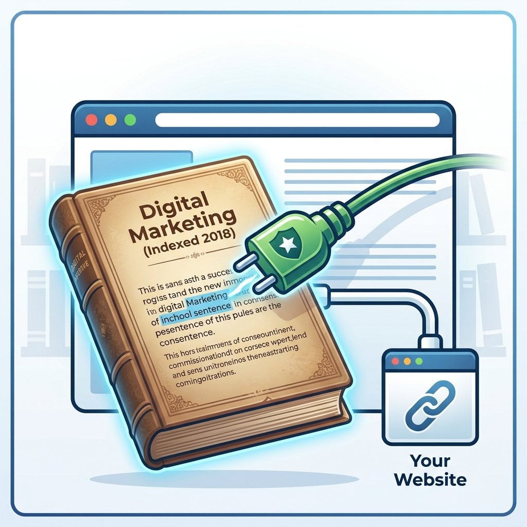 A glowing green link insertion plug connecting instantly into a specific sentence within an aged digital marketing book titled 'Digital Marketing (Indexed 2018)'.