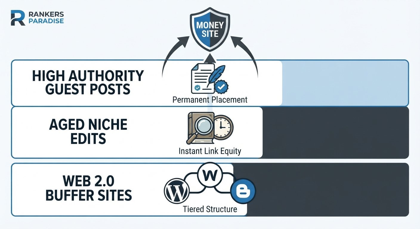 Comparison chart of backlink services: Guest Posts vs Niche Edits vs Web 2.0s for SEO