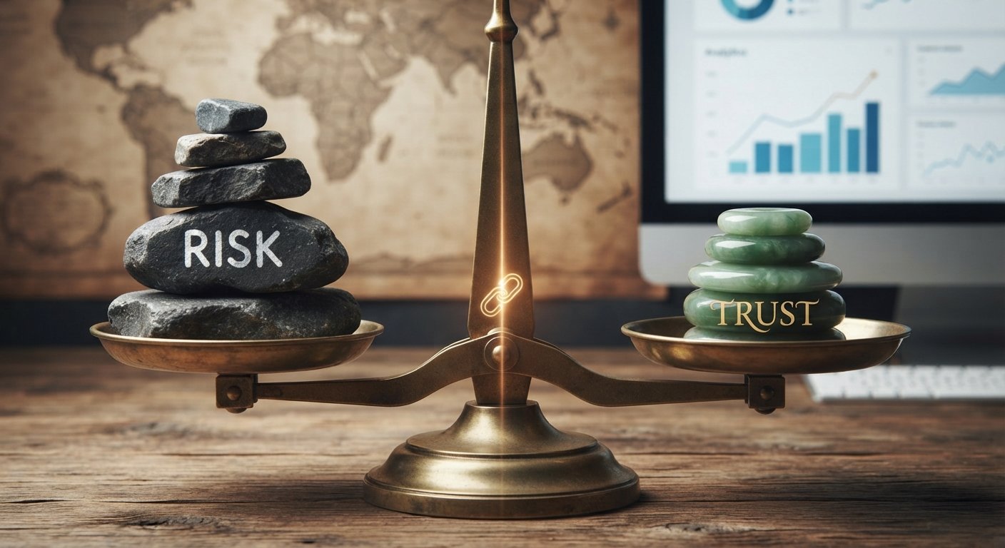 A conceptual image of a balance scale weighing heavy stones labeled 'Risk' against lighter jade discs labeled 'Trust'.