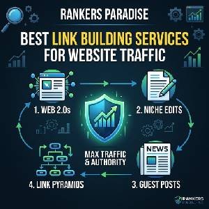 An infographic illustrating the Rankers Paradise 4-step blueprint using best link building services for website traffic: Web 2.0s, Niche Edits, Guest Posts, and Link Pyramids.