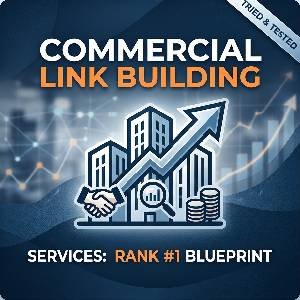 A conceptual graphic for commercial link building services showing three linked buildings forming an upward arrow.