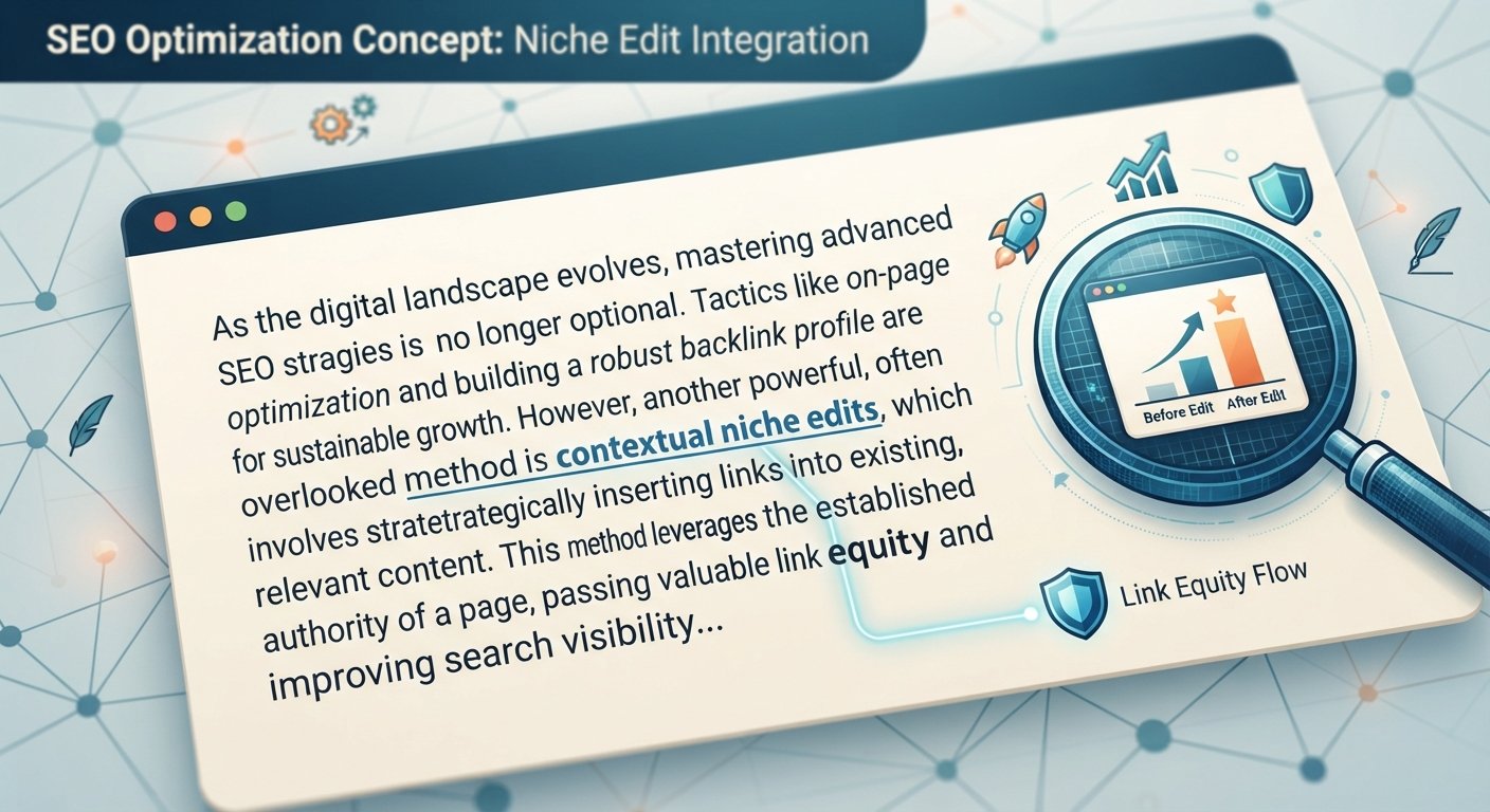 Conceptual graphic showing contextual niche edits and link insertions within aged, indexed articles.