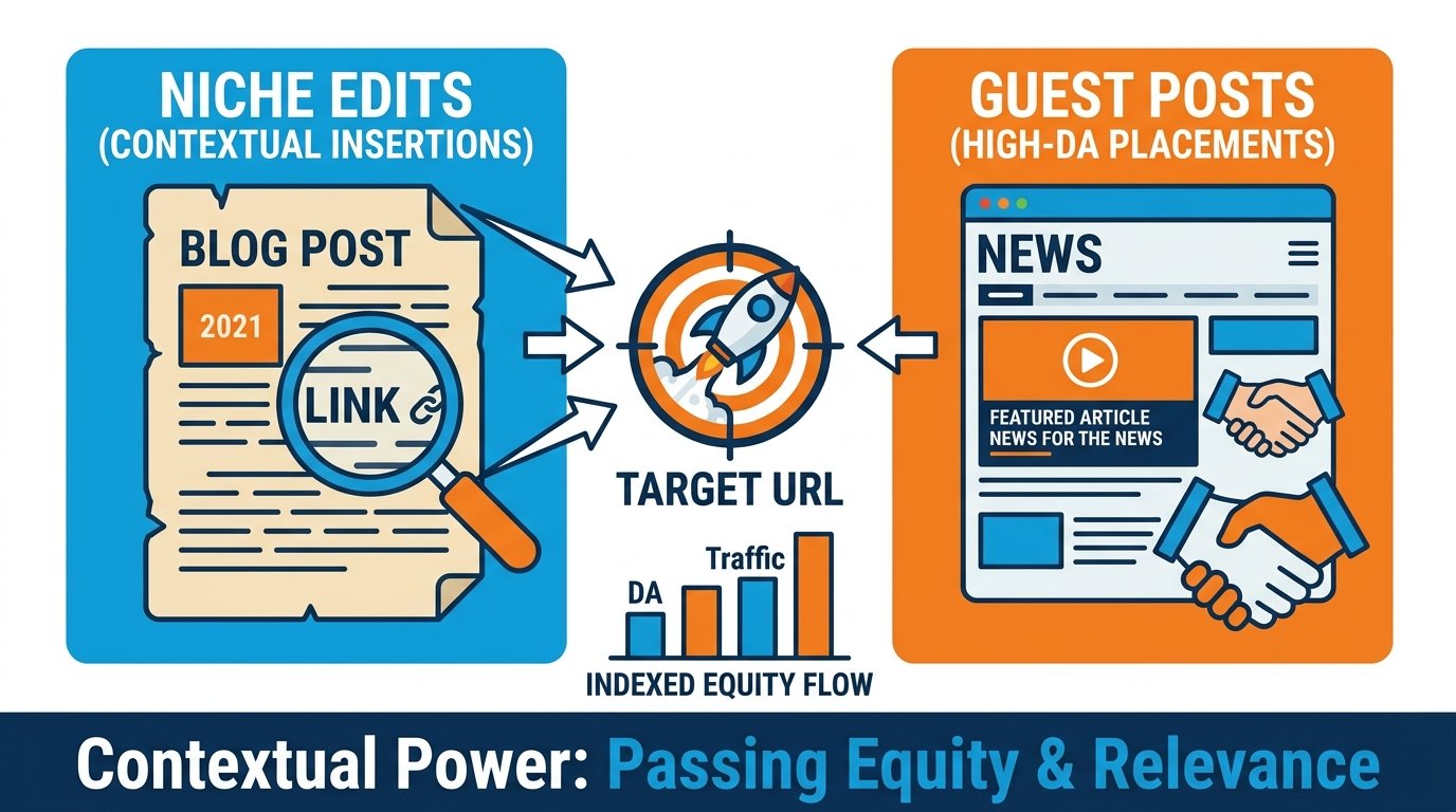 Diagram illustrating how niche edits and guest posts pass contextual relevance and link equity to a target URL.
