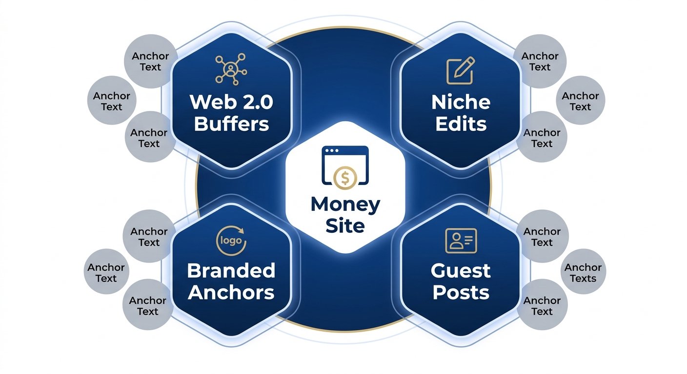 A modern diagram illustrating the 4 core pillars of diversified link building: Web 2.0 Buffers, Niche Edits, Guest Posts, and Branded Anchors, all pointing to a central Money Site icon.
