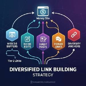 A square diagram illustrating diversified link building services, showing Web 2.0 buffers, Niche Edits, and Guest Posts connected to a central Money Site icon, representing a safe SEO ranking strategy.