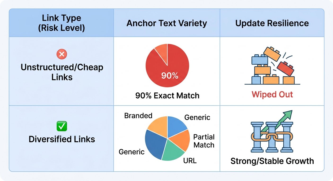 An infographic chart comparing two link building strategies. The left side (Unstructured Links) shows high risk with a collapsing icon and 90% exact match anchor text. The right side (Diversified Links) shows low risk with a stable structure icon and a multi-colored pie chart illustrating balanced branded, generic, and partial match anchor text variance.