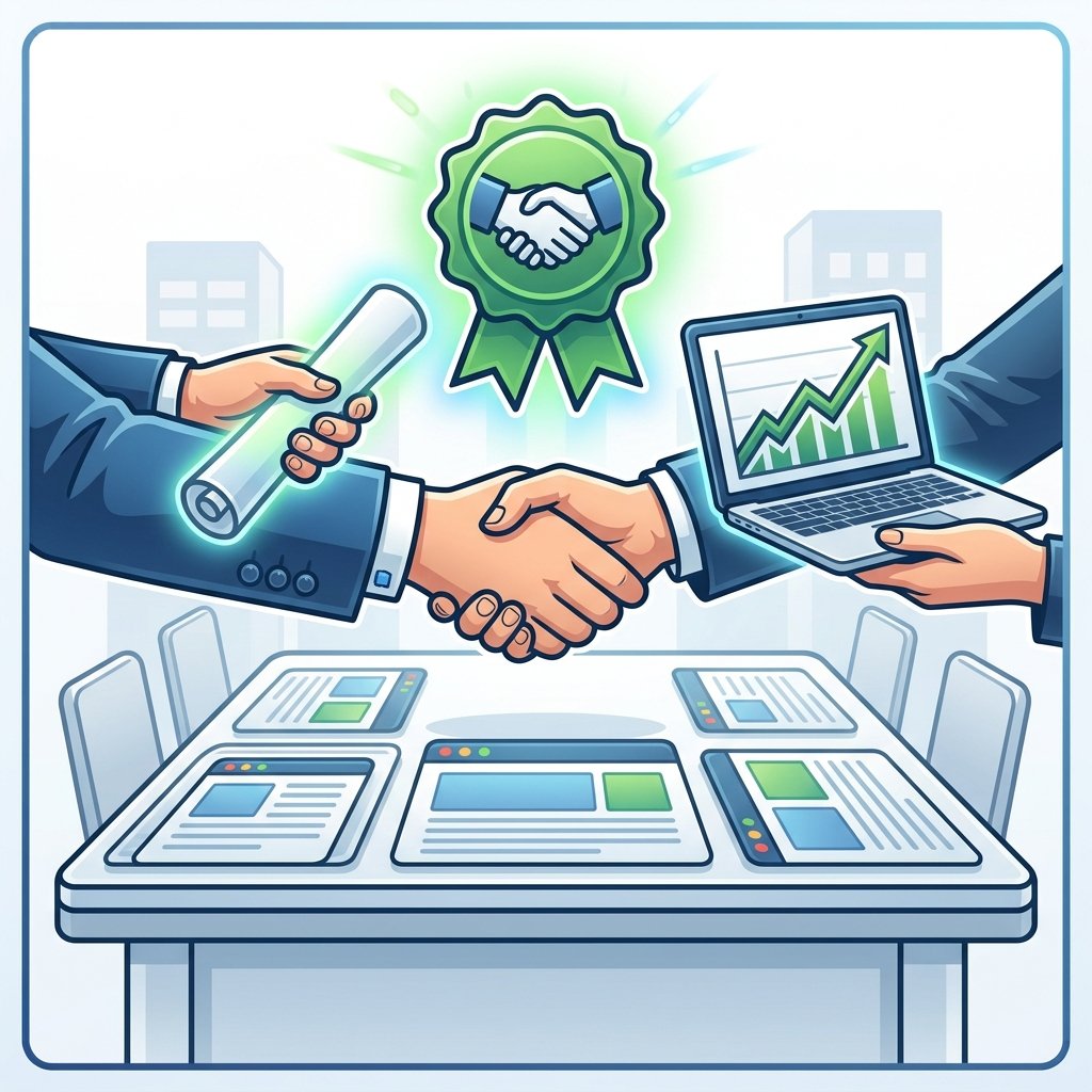 A confident handshake between two professional hands meeting over stylized blog interfaces and content modules, representing high-quality guest post collaboration.
