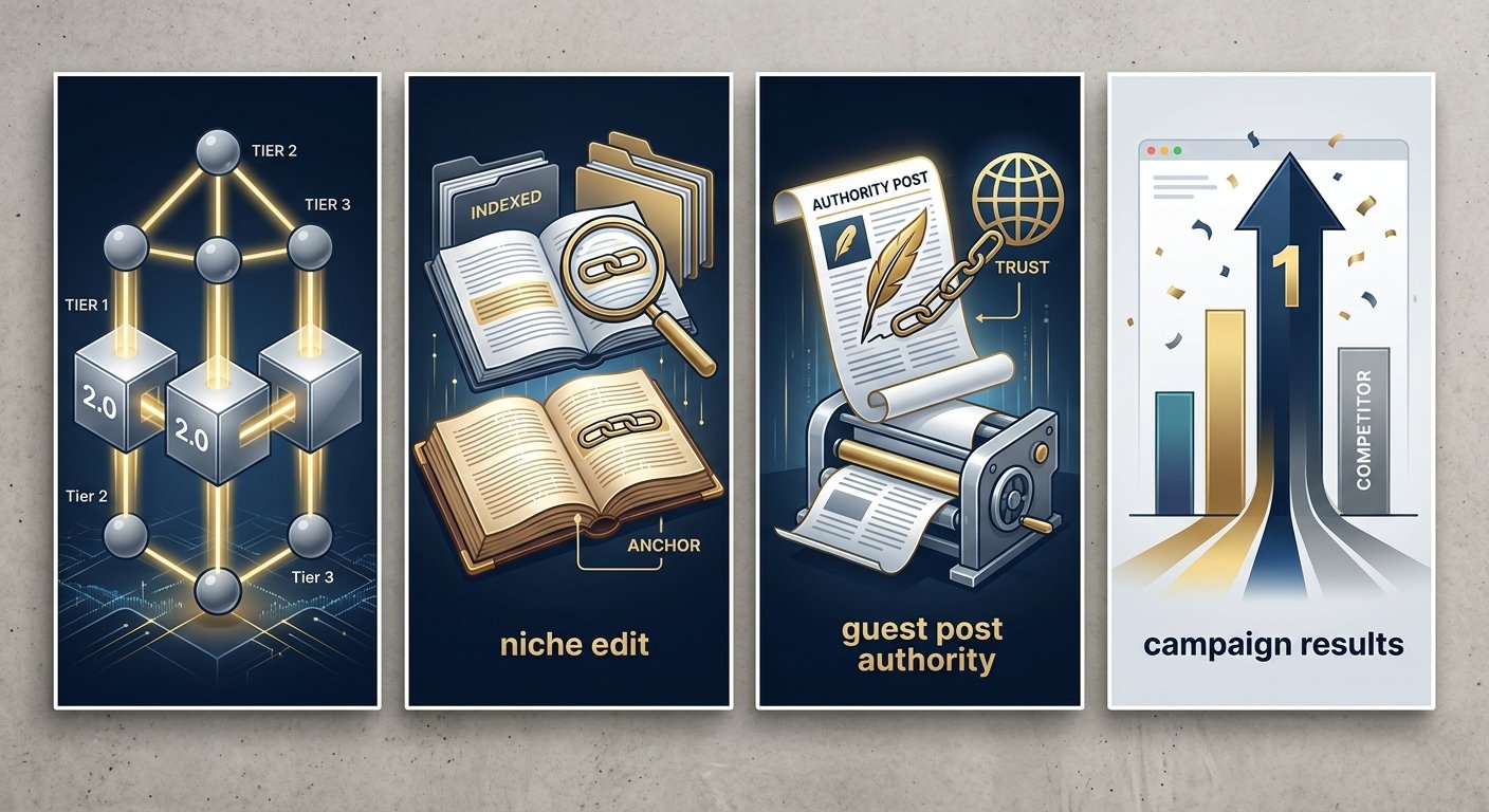 Four panel infographic showing link building services including Web 2.0 Tier 2 and Tier 3 niche edits guest posts and campaign results.
