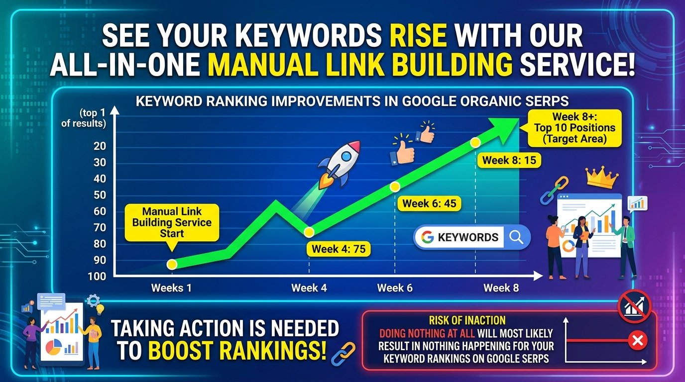 Google SERP keyword ranking growth graph showing results from manual link building service vs doing nothing