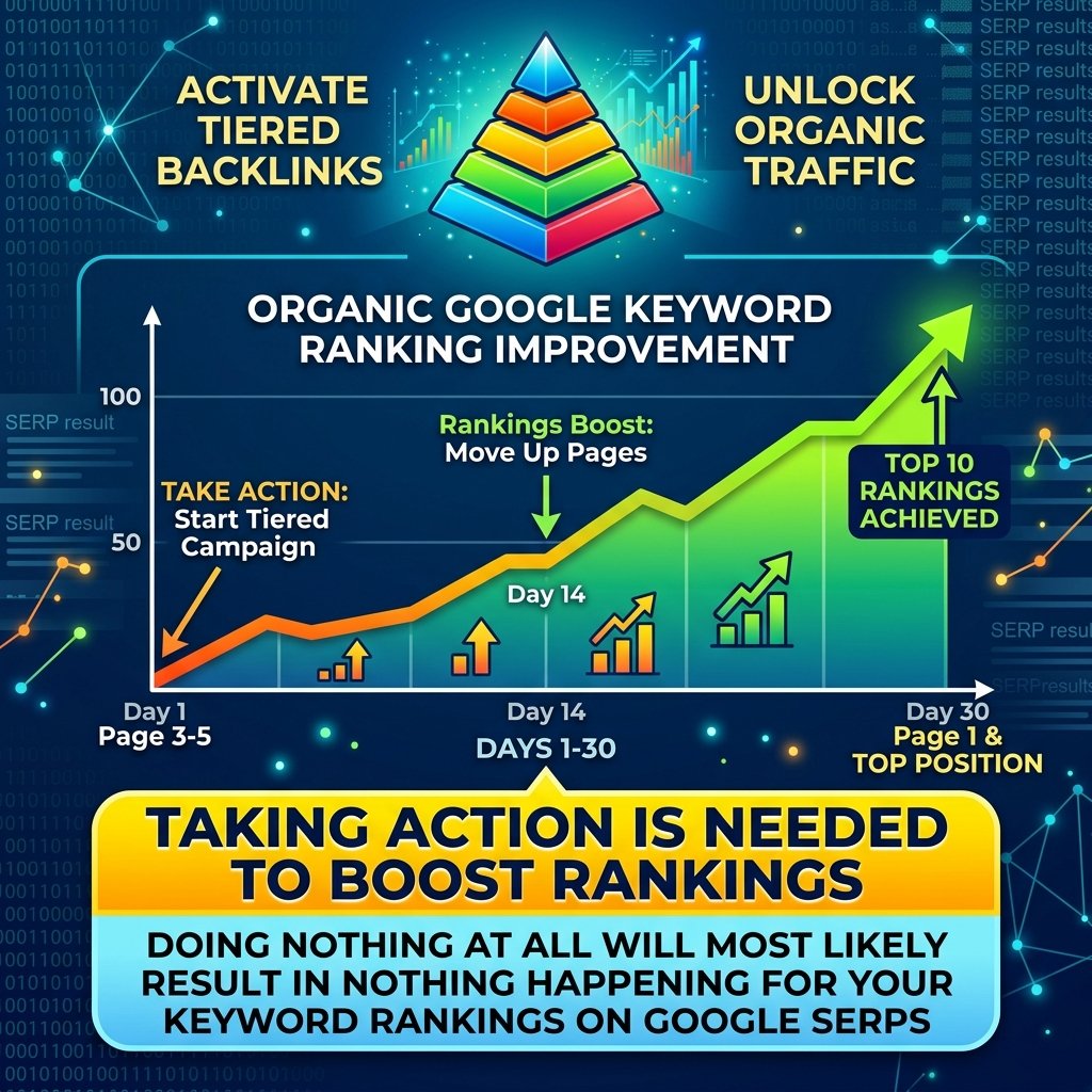 Organic Google keyword ranking growth chart displaying upward SERP movement from a tiered backlink service campaign