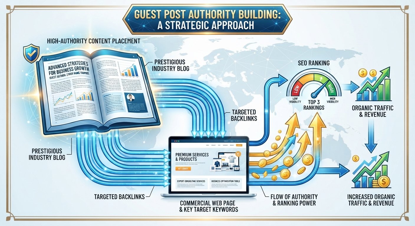 Illustration representing high-authority guest post content placements for SEO ranking growth.