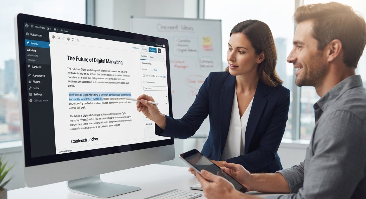 Digital marketing team reviewing a guest post draft on a monitor