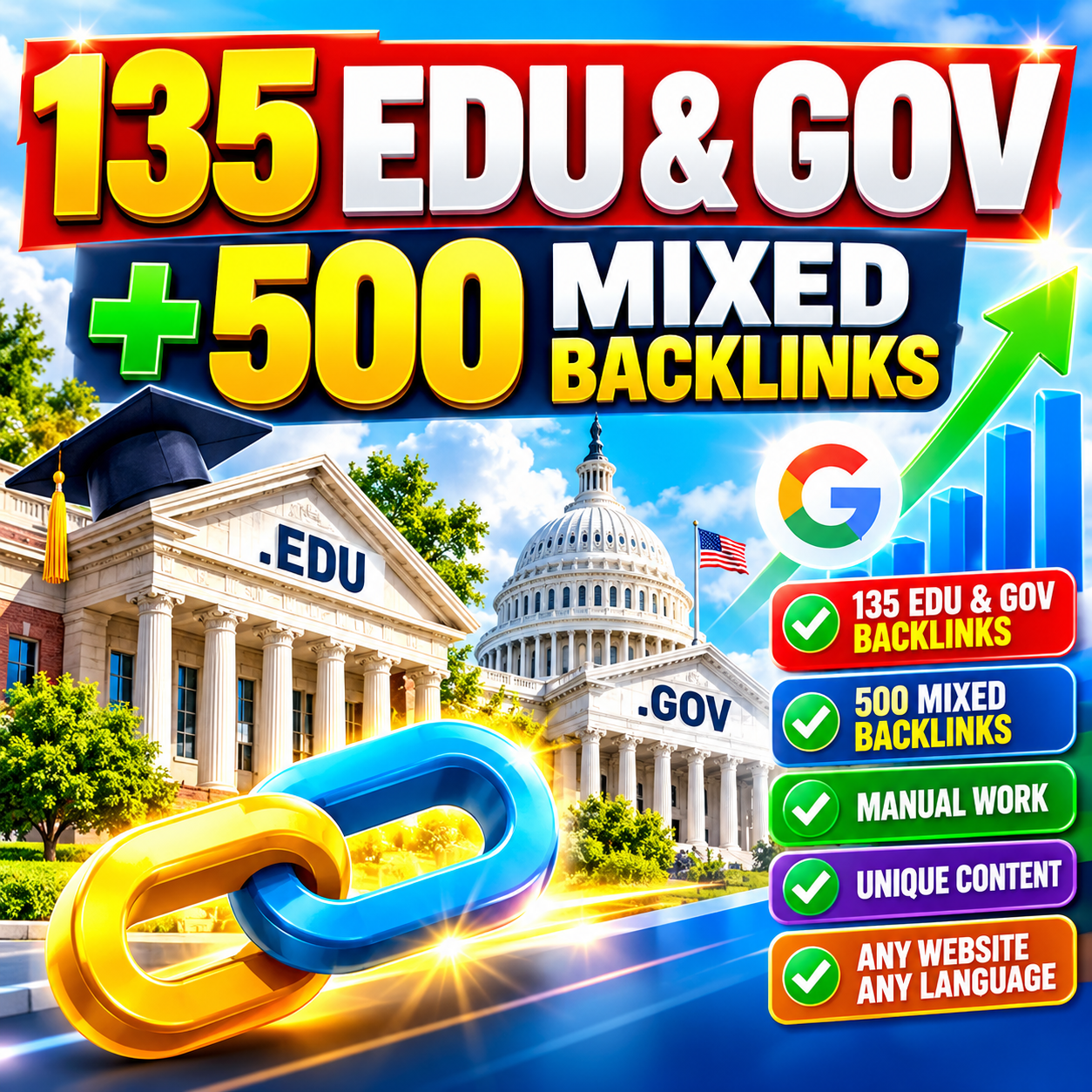 High authority educational and government backlink package with 635 manually built SEO links for website promotion.
