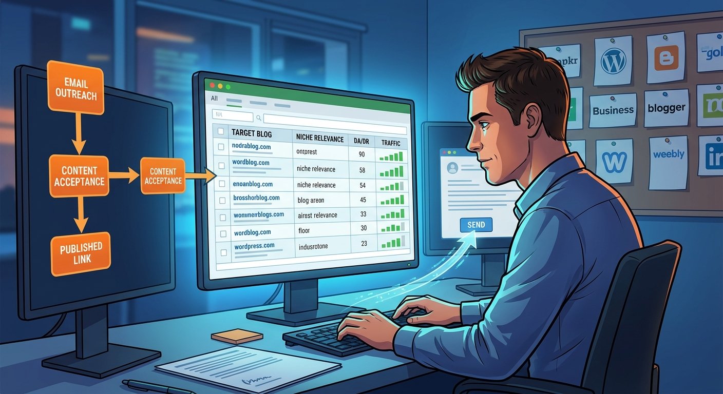 A clean digital illustration, matching the style of image_1.png, showing a marketer at a desk with multi-monitor data displays. One screen shows an outreach CRM spreadsheet with columns for 'TARGET BLOG,' 'DA/DR,' and 'TRAFFIC', illustrating targeted guest post placements.