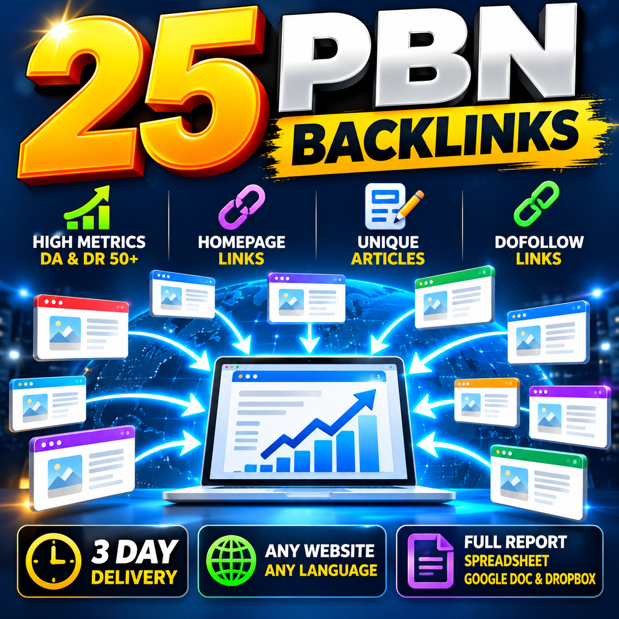 High DA PBN backlink package featuring 25 homepage links, original content and 3-day delivery