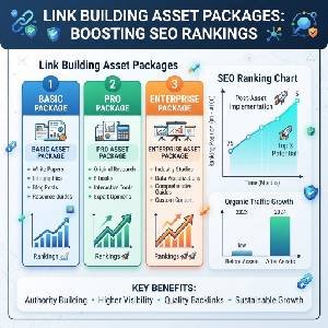 Infographic and guide showing structured link building asset packages including web 2.0s, niche edits, and guest posts for Google SERP ranking.