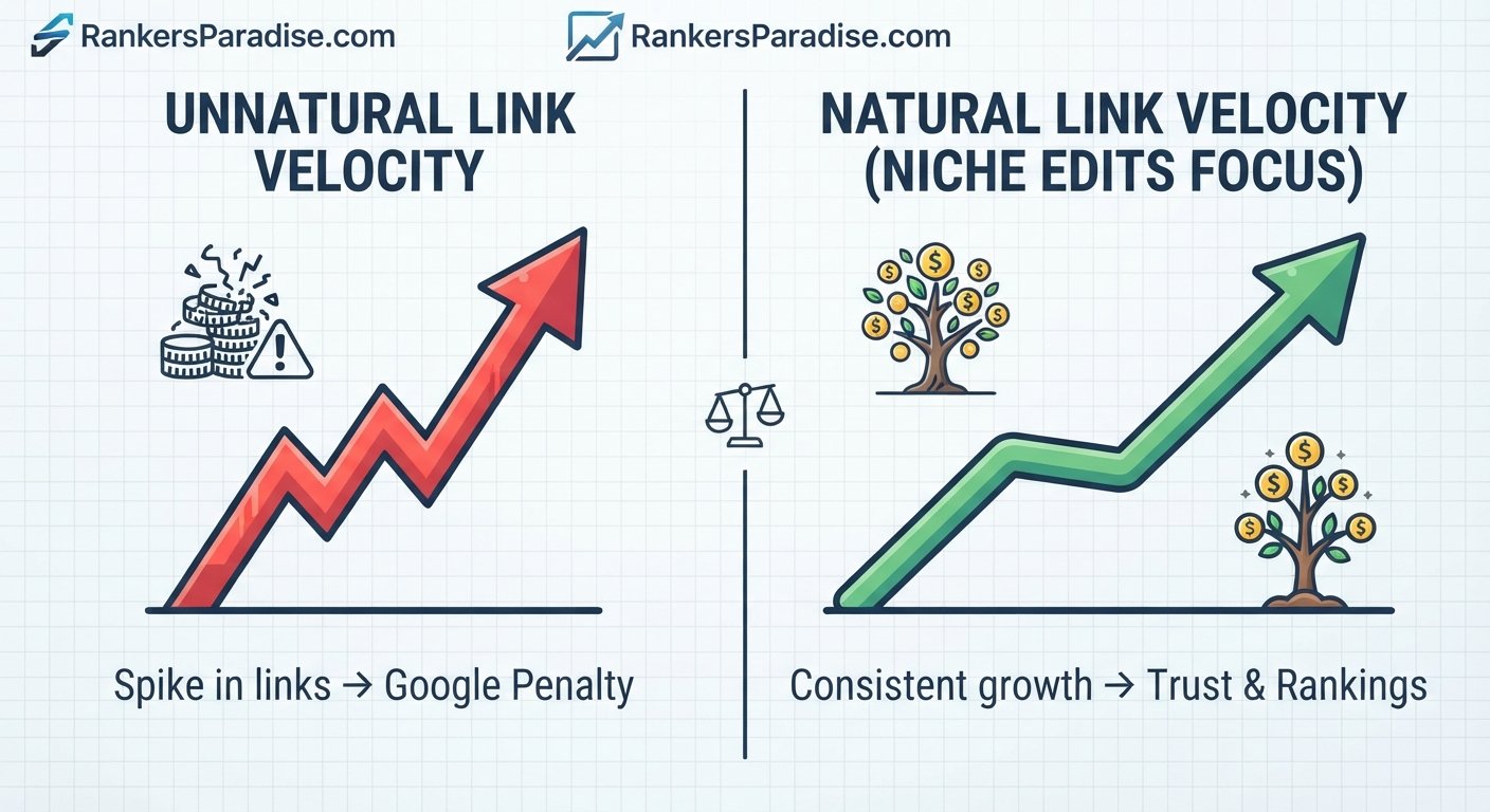 Infographic comparing unnatural link spikes vs natural, steady link growth from niche edits
