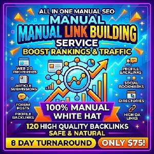 Manual link building service graphic highlighting 120 high DA backlinks for $75