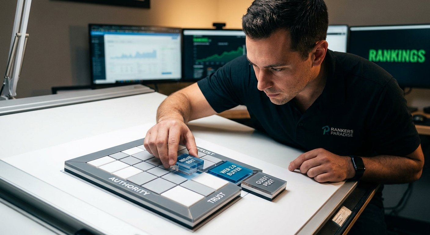 A close-up photograph of Nick from Rankers Paradise, wearing a focused expression, carefully placing a blue block labeled 'NICHE EDIT' into a multi-layered, grid-like foundation structure. Adjacent connected blocks include 'WEB 2.0 BUFFER' and 'GUEST POST'. The setting is a professional workshop table with soft backlighting.