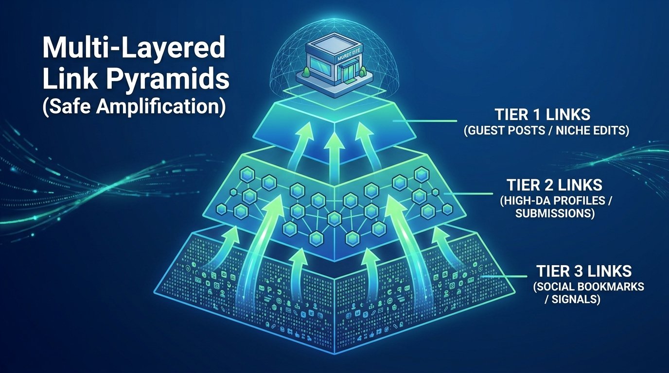 An infographic showing a 3-tier multi-layered link pyramid architecture, illustrating how Tier 2 and Tier 3 backlinks channel authority to Tier 1 guest posts and niche edits while keeping the money site safe.