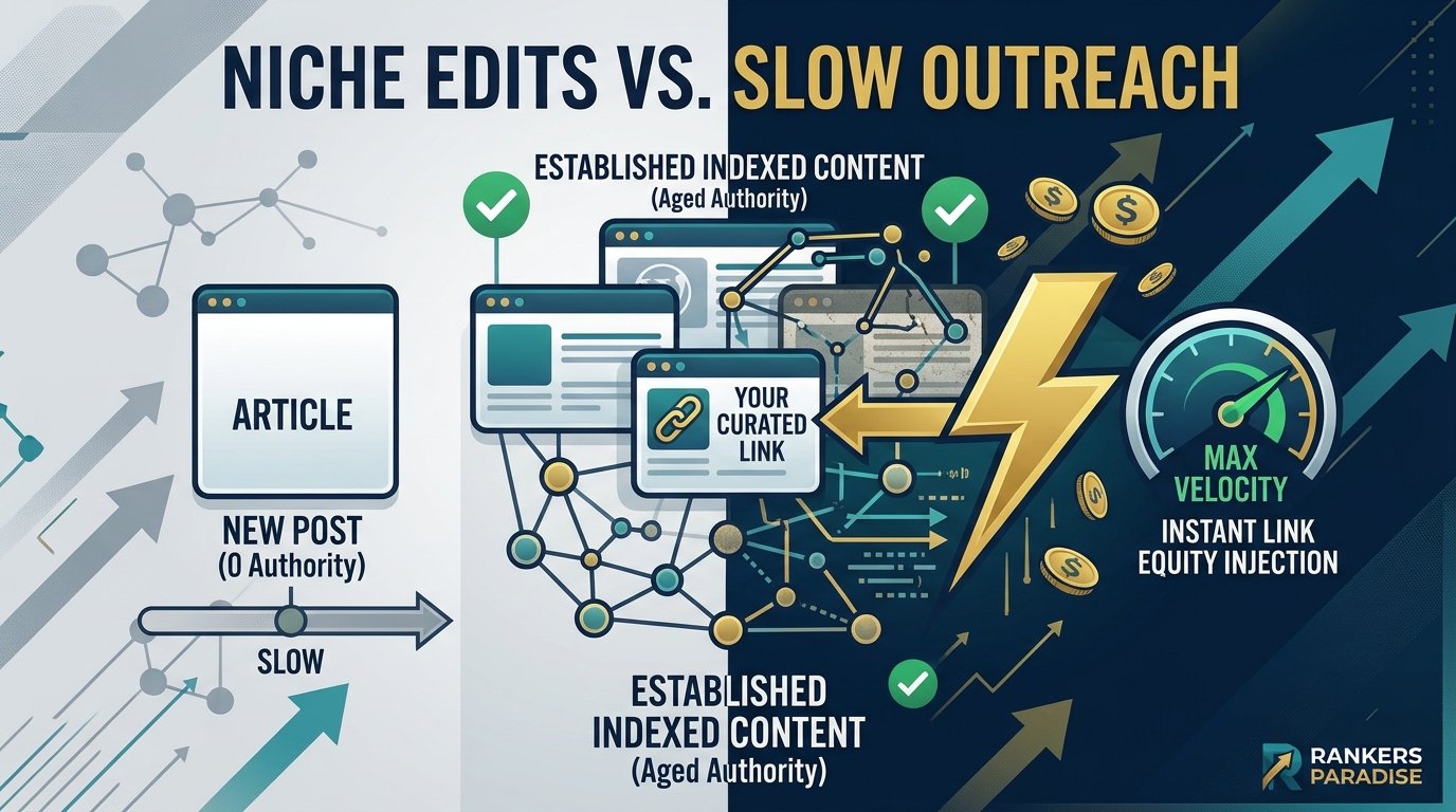 Illustration visualizing the comparison between slow new outreach and the fast ranking power of curated link insertions on aged, indexed content.