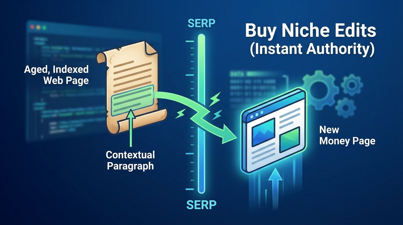 An infographic illustrating how niche edits provide instant SERP movement by inserting contextual links into aged, indexed web pages, contrasting the immediate lift against slow new content indexing.