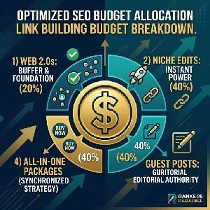 Infographic showing Rankers Paradise budget breakdown for Web 2.0s (20%), Niche Edits (40%), and Guest Posts (40%).