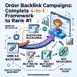 Order backlink campaigns diagram showing a 4-in-1 framework combining web 2.0 backlinks, niche edits, guest posts, and money site links for Google SERP rankings.