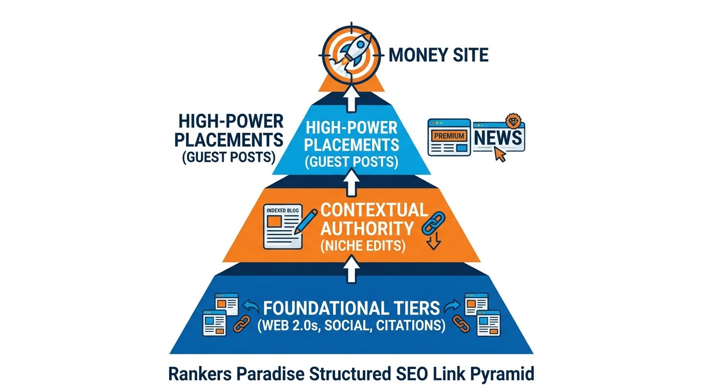 Structured SEO link packages showing foundational tiers, niche edits, and guest posts in a ranking pyramid.